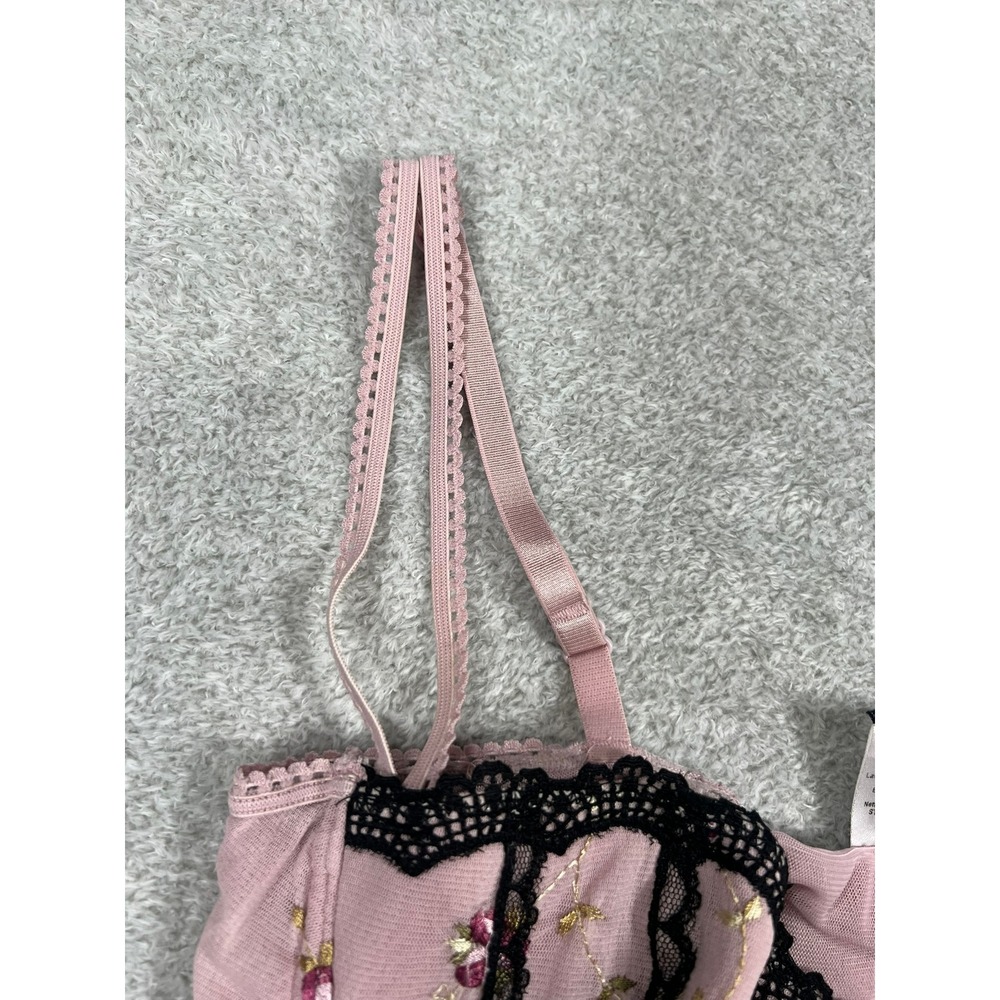 Rampage Pink Floral Embroidered Mesh Bustier Corset Top Black Lace Trim 34B Y2K‎ - Picture 10 of 12